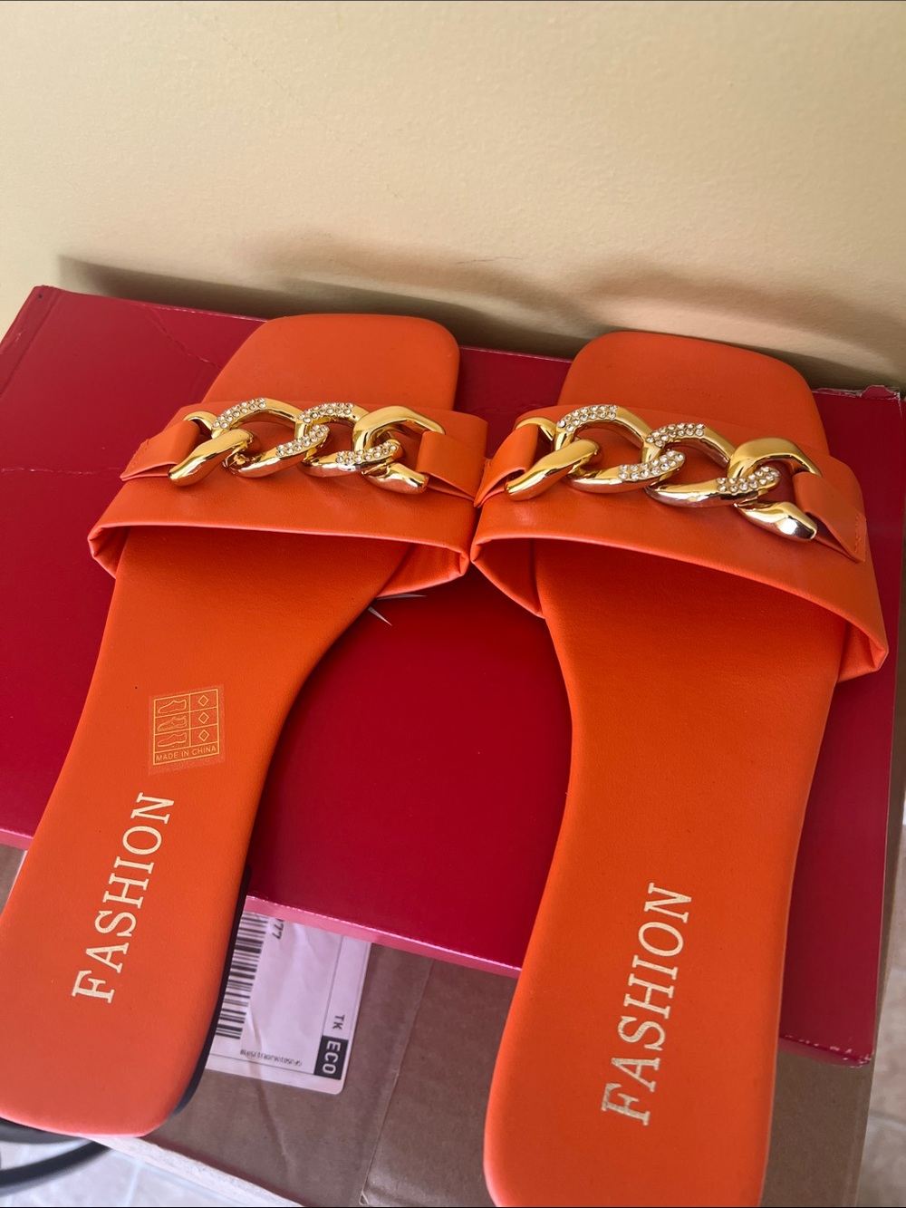 Fashion Bug Orange Slide Sandals with Gold Chain